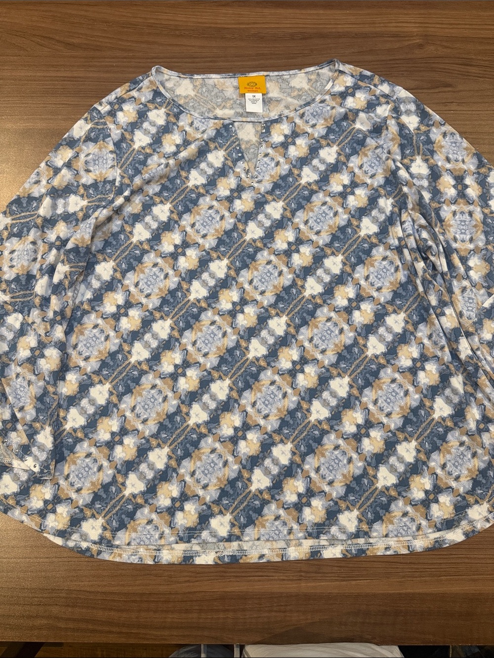 Ruby Rd. Blue and Cream Patterned Long Sleeve Tee